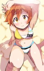 1girl arm_up bare_arms bikini blush closed_mouth floating_hair hand_on_ground highres hoshizora_rin knee_up looking_at_viewer love_live! love_live!_school_idol_project navel orange_hair sand sen_(sen0910) shadow short_hair sitting smietana_(avvunka) solo swimsuit yellow_eyes