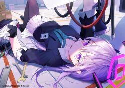 1girl black_gloves black_pantyhose blue_archive blue_necktie collar collared_shirt gloves hair_between_eyes halo holding_tool indoors long_hair long_sleeves looking_at_viewer looking_up lying necktie official_art on_back on_floor pantyhose parted_lips purple_eyes school_uniform shirt skirt tools utaha_(blue_archive) white_collar white_skirt yamakawa