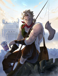 Rule 34 | 2boys, afk (series), afk journey, animal, bag, belt, blonde hair, boots, bracer, brown bag, brown belt, brown boots, brown hair, brown pants, castle, chippy (afk), cloud, commentary, commentary request, earrings, facial hair, fish, fishing, fishing rod, fog, highres, holding, holding animal, holding fish, holding fishing rod, jewelry, lily kenkadan, looking at viewer, low ponytail, male focus, medium hair, multicolored hair, multiple boys, multiple scars, neckerchief, orange eyes, pants, ponytail, red neckerchief, satchel, scar, scar on arm, scar on face, scar on nose, shirt, shoulder bag, sidelighting, sinbad (afk), sitting, sky, sleeveless, sleeveless shirt, smile, stubble, sunlight, teeth, toned, toned male, too many boots, undercut, white shirt