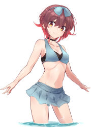 Rule 34 | 1girl, bikini, blue bikini, blush, brown eyes, brown hair, eyewear on head, highres, kantai collection, looking at viewer, minosu, mutsuki (kancolle), navel, red hair, short hair, skirt, smile, solo, sunglasses, swimsuit, water, white background