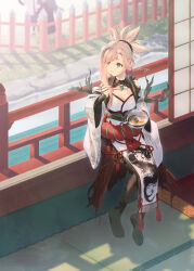 1boy 1girl 1other architecture asymmetrical_hair bead_hairband black_hakama blue_eyes blue_kimono bowl chopsticks dragon_print earrings east_asian_architecture eating fate/samurai_remnant fate_(series) food hakama hiiragi_(karashriker) holding holding_bowl holding_chopsticks japanese_clothes jewelry kimono leaf leaf_earrings leaf_print long_sleeves magatama maple_leaf maple_leaf_print miyamoto_iori_(fate) miyamoto_musashi_(fate) miyamoto_musashi_(woman_of_niten_ichiryuu)_(fate) noodles pink_hair ponytail rope shouji single_sidelock sitting sliding_doors solo_focus swept_bangs tatami udon waraji white_kimono wide_sleeves yamato_takeru_(fate)