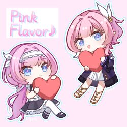 Rule 34 | 2girls, blue eyes, blue skirt, chinese commentary, coat, color connection, commentary request, company connection, cyrene (honkai: star rail), dress, elf, elysia (honkai impact), english text, hair color connection, hair ornament, hairband, heart, highres, holding, holding heart, honkai: star rail, honkai (series), honkai impact 3rd, inoue marina, izumi (lofter 41635481026), long hair, looking at viewer, medium hair, multicolored hair, multiple girls, official alternate costume, open mouth, pink background, pink hair, pointy ears, purple coat, shirt, simple background, skirt, smile, two-tone hair, voice actor connection, white dress, white hair, white hairband, white shirt, yanning