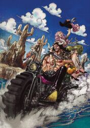 Rule 34 | 1boy, 1girl, alternate costume, arm up, black hair, bottle, bra, burger, charlotte linlin, chest tattoo, closed eyes, cloud, crossed legs, earrings, eating, facial hair, food, goatee, hat, hat feather, highres, holding, holding burger, holding food, holding unworn clothes, holding unworn hat, horns, jewelry, kaidou (one piece), leg tattoo, long hair, motor vehicle, motorcycle, muscular, muscular male, oda eiichirou, official art, one piece, open mouth, outdoors, pink hair, polka dot, polka dot bra, riding, sake bottle, shoulder tattoo, smile, spread legs, tattoo, teeth, third-party source, topless male, traditional media, underwear, unworn hat, unworn headwear