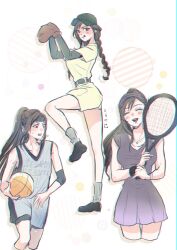 1girl :q alternate_costume ball bare_shoulders baseball baseball_cap baseball_glove baseball_jersey baseball_uniform basketball_(object) basketball_uniform belt black_footwear black_hair black_headband blush braid breasts closed_eyes collarbone commentary_request cowboy_shot cropped_legs facing_viewer final_fantasy final_fantasy_vii foot_up full_body hat headband high_ponytail highres holding holding_ball jersey jewelry medium_breasts miniskirt multiple_views necklace ninnin5tora open_mouth pitching ponytail purple_shirt purple_skirt racket red_eyes shirt short_sleeves shorts single_braid single_sidelock skirt sleeveless sleeveless_shirt smile socks sportswear standing standing_on_one_leg sweat tank_top tennis tennis_racket tennis_uniform tifa_lockhart tongue tongue_out wristband yellow_shorts