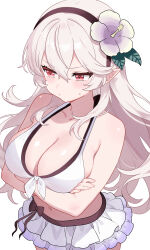 1girl absurdres annoyed arms_under_breasts bare_shoulders bikini bikini_skirt black_hairband blush breasts cleavage closed_mouth cowboy_shot crossed_arms female_corrin_(fire_emblem) female_corrin_(novice_vacationer)_(fire_emblem) fire_emblem fire_emblem_fates fire_emblem_heroes flower front-tie_bikini_top front-tie_top frown grey_hair hair_between_eyes hair_flower hair_ornament hairband highres large_breasts long_hair looking_to_the_side n_54 navel nintendo official_alternate_costume pointy_ears pout red_eyes simple_background solo sweat sweatdrop swimsuit v-shaped_eyebrows white_background white_bikini