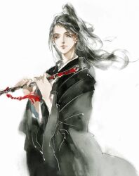 1boy alternate_hairstyle black_hair black_hanfu chinese_clothes closed_mouth dizi faux_traditional_media floating_hair flute flute_tassel grey_eyes half_updo hanfu high_ponytail holding holding_flute holding_instrument ink_wash_painting instrument kcllzas163 long_hair long_sleeves looking_at_viewer male_focus modao_zushi ponytail robe simple_background smile solo tassel third-party_source transverse_flute upper_body wei_wuxian white_background wide_sleeves wind xiao_guan_(headdress)
