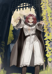1girl absurdres black_cloak breasts cleavage cloak double_v dress elden_ring highres hood hooded_cloak melina_(elden_ring) miao_jiangyou one-eyed one_eye_closed red_hair solo v white_dress yellow_eyes