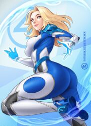 Rule 34 | artist name, ass, ass focus, blonde hair, blue eyes, breasts, fantastic four, highres, large breasts, lips, long hair, looking back, marvel, marvel rivals, mole, smile, suddakka, sue storm, superhero costume, thighs, wide hips