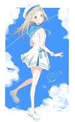 Rule 34 | 1girl, :o, absurdres, ascot, bare arms, bare shoulders, blonde hair, blue ascot, blue sailor collar, blue sky, border, brown eyes, cloud, colored eyelashes, contrail, day, dress, eyelashes, from behind, gakuen idolmaster, hair ornament, hairclip, hat, highres, idolmaster, light blush, long hair, looking at viewer, looking back, mary janes, nokino shida, outside border, parallel hairclips, sailor collar, sailor dress, sailor hat, shinosawa hiro, shoes, signature, sky, sleeveless, sleeveless dress, solo, standing, standing on one leg, striped clothes, striped wrist cuffs, swept bangs, thick eyelashes, white border, white dress, white shoes, white wrist cuffs, wrist cuffs