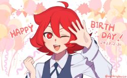 Rule 34 | 1girl, ;d, arikindows10, balloon, collared shirt, dated, english text, hair between eyes, happy birthday, little witch academia, long sleeves, looking at viewer, luna nova school uniform, one eye closed, open mouth, red eyes, red hair, school uniform, shiny chariot, shirt, short hair, smile, solo, teeth, twitter username, upper teeth only