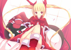 1girl arc_system_works blazblue blonde_hair blush bow capelet christmas clothes_lift crossed_legs daiaru female_focus gii hair_ribbon long_hair nago rachel_alucard red_eyes ribbon santa_costume sitting skirt skirt_lift smile solo twintails very_long_hair