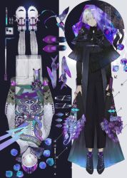 1boy 1other abstract ambiguous_gender aqua_eyes bird black_legwear bouquet buttons cross-laced_clothes english_text fish flower flying_fish frills glitter gloves helmet hidden_face high-waist_pants high_collar highres jewelry multicolored_eyes nishihara_isao original pants polka_dot purple_eyes purple_flower ring see-through_clothes shoelaces shoes short_hair spiked_footwear spikes surreal white_hair zipper