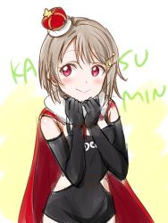 1girl artist_name artist_request bare_shoulders black_gloves blush breasts brown_hair cape ckst clenched_hands clothes_writing crescent crescent_hair_ornament crown dress elbow_gloves female_focus fur-trimmed_cape fur_trim gloves grey_hair hair_ornament highres light_brown_hair looking_at_viewer love_live! love_live!_nijigasaki_high_school_idol_club mini_crown nakasu_kasumi parted_lips pink_eyes purple_eyes red_cape short_hair smile solo star_(symbol) white_background