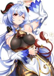 Rule 34 | absurdres, ahoge, armpits, bare shoulders, bell, black gloves, black legwear, blue hair, blush, bow, bowtie, breasts, chinese knot, curled horns, detached sleeves, flower, flower knot, ganyu (genshin impact), genshin impact, gloves, gold trim, highres, holding, holding flower, horns, jewelry, long hair, looking at viewer, low ponytail, lying, medium breasts, neck bell, on back, petals, ponytail, qingxin flower, red eyes, sazanka, sideboob, sidelocks, solo, tassel, thighlet, very long hair, white background, white flower, white sleeves, wide sleeves