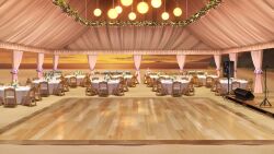 beach bouquet cup curtains dance_floor drinking_glass flower food garland_(decoration) hanging_light highres microphone mountainous_horizon no_humans non-web_source ocean official_art our_life our_life:_beginnings_and_always outdoors pink_flower sand scenery speaker sunset table tablecloth tent tray variant_set wine_glass wooden_floor