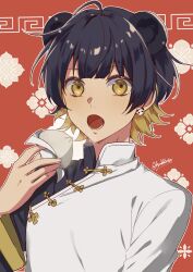 Rule 34 | 1boy, animal ears, bachira meguru, steamed bun, black hair, black shirt, blonde hair, blue lock, chinese clothes, colored inner hair, earrings, food, highres, holding, holding food, jewelry, looking at viewer, male focus, multicolored hair, open mouth, panda boy, panda ears, red background, shirt, short hair, solo, tsukky, two-tone shirt, upper body, white shirt, yellow eyes