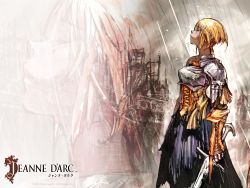 1girl armor blonde_hair concept_art corset female_focus highres jeanne_d&#039;arc jeanne_d&#039;arc_(game) jeanne_d&#039;arc_(jeanne_d&#039;arc_(game)) level-5 real_life solo sword weapon