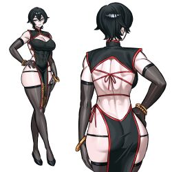 1girl absurdres ass black_hair breasts brown_eyes china_dress chinese_clothes cleavage commentary commission dress elbow_gloves english_commentary full_body gloves hand_on_own_hip hand_on_own_thigh highres looking_at_viewer muscular muscular_female original short_hair side_slit thick_thighs thighhighs thighs zeon_(zzeeonn)