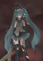 1girl aqua_eyes aqua_hair aqua_necktie bare_shoulders black_sleeves detached_sleeves dirty dirty_clothes dirty_face electricity food glowing glowing_eyes grey_shirt hatsune_miku headset highres holding holding_food holding_spring_onion holding_vegetable long_hair looking_at_viewer messy_hair necktie open_mouth photo-referenced shirt skirt sleeveless sleeveless_shirt solo spring_onion thighhighs torn_clothes torn_thighhighs twintails vegetable very_long_hair vocaloid yd_(orange_maru)