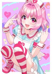 1girl ahoge apron aqua_dress aqua_hair armband bandaid blush bomb border bow breasts censored censored_gesture choker collar collarbone colored_inner_hair commentary_request dress emoji emoji_censor explosive fang fingernails fire frilled_apron frilled_collar frills hair_between_eyes hair_intakes hat heart heart_print high_heels highres idolmaster idolmaster_cinderella_girls idolmaster_cinderella_girls_starlight_stage large_breasts looking_at_viewer medium_hair middle_finger multicolored_hair nurse_cap open_mouth pill pink_armband pink_background pink_choker pink_eyes pink_hair pink_shoes pink_thighhighs pleading_face_emoji pumps shoes short_sleeves signature smile solo sparkle_print squatting striped_clothes striped_thighhighs thighhighs thighs two-tone_hair two-tone_thighhighs w wgm_oekaki white_apron white_border white_hat white_thighhighs white_wrist_cuffs wrist_cuffs yumemi_riamu