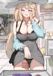 1girl absurdres alternate_costume black_bra black_panties blonde_hair blue_eyes bra breasts cameltoe cash_register cashier cleavage clothes_lift commentary_request dongtan_dress dress dress_lift drooling goddess_of_victory:_nikke grey_dress hat highres jewelry ko_uniii large_breasts lifting_own_clothes long_hair mouth_drool necklace open_mouth panties qr_code rapunzel_(nikke) solo sun_hat underwear very_long_hair