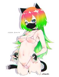 Rule 34 | 1girl, absurdres, animal ears, belly, bikini, bikini pull, black choker, black gloves, blue eyes, breasts, cameltoe, cat ears, cat lingerie, cat tail, choker, clothes pull, fingerless gloves, gloves, gradient hair, half gloves, highres, long hair, looking at viewer, mask, meme attire, micro bikini, mouth mask, mudou eichi, multicolored hair, navel, original, signature, solo, star-shaped pupils, star (symbol), swimsuit, symbol-shaped pupils, tail, thighhighs