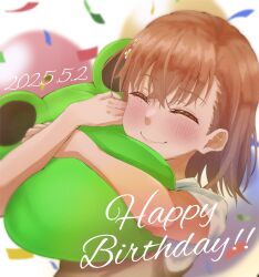 1girl absurdres brown_hair brown_sweater_vest closed_eyes confetti dated gekota hair_between_eyes hair_ornament hairpin happy_birthday highres holding holding_stuffed_toy hugging_doll hugging_object k3rd medium_hair misaka_mikoto school_uniform shirt short_sleeves smile solo stuffed_animal stuffed_frog stuffed_toy sweater_vest toaru_kagaku_no_railgun toaru_majutsu_no_index tokiwadai_school_uniform white_background white_shirt