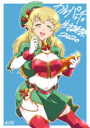 1girl :d absurdres artist_name belt beret birthday blue_background bodysuit breasts capelet carpaccio_(girls_und_panzer) character_name commentary covered_navel crop_top dated girls_und_panzer green_capelet green_hat green_skirt half-closed_eyes hat hat_ornament highres holding lace-up_top large_breasts long_hair looking_at_viewer midriff miniskirt neck_ribbon open_mouth outline outside_border red_belt red_ribbon red_shirt red_thighhighs ribbon santa_costume shinkuukan_(tetsuo3) shirt side_slit signature simple_background skirt smile solo standing star_(symbol) star_hat_ornament star_ornament tank_shell thighhighs tilted_headwear translated white_bodysuit white_outline wrist_cuffs