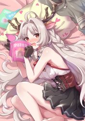1girl absurdres ahoge animal_ears antler_ring antlers barefoot black_gloves black_skirt blue_gemstone blush book braid breasts brown_eyes corset cross-laced_clothes deer_antlers deer_ears deer_girl embarrassed from_above gem gloves grey_hair hair_intakes half_gloves highres holding holding_book horns knees_up large_breasts long_hair louise_marie lying nose_blush on_side open_mouth pleated_skirt princess_connect! shirt skirt sleeveless striped_clothes striped_shirt tsukachii vertical-striped_clothes vertical-striped_shirt white_shirt