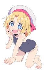 1girl :d black_one-piece_swimsuit blonde_hair blue_eyes blush bright_pupils flat_chest game_center_shoujo_to_ibunka_kouryuu grey_hat hat highres lily_baker loli looking_at_viewer one-piece_swimsuit open_mouth saeki_tatsuya short_hair simple_background smile solo swimsuit white_background white_pupils