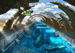 abandoned animal arrow_(symbol) blue_sky bridge building cloud cloudy_sky damaged day debris desert highres no_humans original post-apocalypse road ruins scenery sign sky swimming tokyogenso tunnel water whale