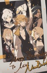 Rule 34 | 6+girls, alternate costume, arm up, bell, black dress, black hair, black jacket, black necktie, blonde hair, blue eyes, breasts, centurion (reverse:1999), champagne flute, character name, closed eyes, coat, coat on shoulders, collared shirt, confetti, cup, dark-skinned female, dark skin, dikke, dress, drinking glass, druvis iii, earrings, eternity (reverse:1999), green eyes, hair over one eye, happy birthday, highres, hl (iamawhitehippo), holding, holding cup, jacket, jewelry, long hair, looking at viewer, medium breasts, ms. newbabel, multicolored hair, multiple girls, necklace, necktie, orange eyes, reverse:1999, shirt, short hair, sparkle, tennant (reverse:1999), white hair