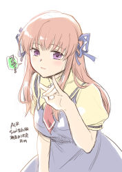 Rule 34 | 1girl, air (visual novel), black dress, blue ribbon, commentary request, cowboy shot, dress, fox shadow puppet, hair ribbon, hand gesture, highres, long hair, misaki juri, parted lips, purple eyes, red hair, ribbon, school uniform, shirt, simple background, solo, toono minagi, translation request, white background, yellow shirt