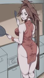 1girl ass bare_arms bare_shoulders breasts brown_eyes brown_hair china_dress chinese_clothes curvy dress female_focus frying_pan guilty_gear hair_ornament hairclip happy highres hip_focus kitchen kuma_(jk0073) kuradoberi_jam ladle large_breasts legs looking_at_viewer looking_back open_mouth oven pelvic_curtain red_dress sleeveless sleeveless_dress smile solo teeth thick_thighs thighs tongue twintails unfinished wide_hips