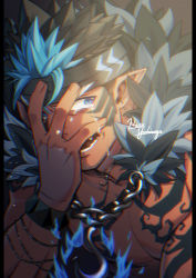 1boy anchor_necklace bara black_hair blue_eyes blue_fire blue_hair crying crying_with_eyes_open dark-skinned_male dark_skin fire headband highres long_sideburns male_focus mature_male multicolored_hair muscular muscular_male necklace official_alternate_costume pectorals pointy_ears revealing_clothes short_hair sideburns solo spiked_hair tangaroa_(housamo) tangaroa_mugen_(housamo) tattoo tears tokyo_houkago_summoners tribal tribal_tattoo two-tone_hair upper_body yoshinaga_haru