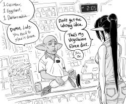 1boy 1girl ass bad_id bald banana bare_shoulders bb_(baalbuddy) clock commentary convenience_store cucumber daikon denim digital_clock eggplant elf english_commentary english_text facial_hair fangs female_goblin food fruit goblin greyscale highres holding inactive_account jeans jitome long_hair monitor monochrome original pants parted_lips pointy_ears ponytail radish shirt shop simple_background stand stubble very_long_hair white_background