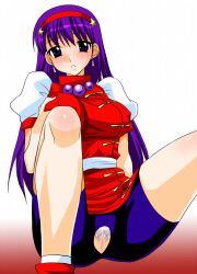 Rule 34 | 1girl, asamiya athena, bike shorts, breasts, clothes lift, dress, earrings, ebimayo, female focus, grabbing own breast, hairband, hamaiya, jewelry, jiggle, large breasts, legs up, long hair, looking at viewer, nipples, pale skin, pants, purple eyes, purple hair, pussy, shiny clothes, shiny skin, shoes, shrimp-mayo, sitting, skirt, skirt lift, star (symbol), the king of fighters, thighs, tight clothes, tight pants, torn clothes, torn legwear, upskirt
