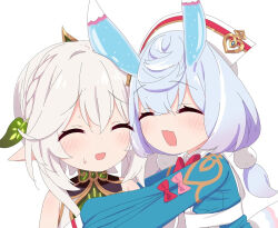 2girls :d azbchan1221 blue_hair blush bow bowtie braid closed_eyes commentary_request crown_braid dress from_side genshin_impact glowing_horns grey_hair hair_ornament heart horns hug kodomo_doushi leaf_hair_ornament long_hair long_sleeves multiple_girls nahida_(genshin_impact) open_mouth pointy_ears ponytail red_bow red_bowtie short_ponytail sigewinne_(genshin_impact) simple_background sleeveless sleeveless_dress smile upper_body white_background white_dress yuri