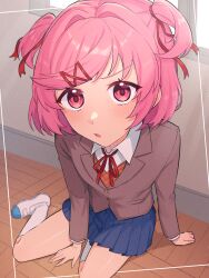 1girl ayuda_ayutaro blue_skirt blush brown_vest commentary_request doki_doki_literature_club doki_doki_literature_club_school_uniform grey_jacket hair_ornament hair_ribbon hairclip highres jacket long_sleeves looking_at_viewer natsuki_(doki_doki_literature_club) neck_ribbon open_mouth pink_eyes pink_hair red_ribbon ribbon school_uniform shirt shoes short_hair short_twintails sitting skirt socks solo swept_bangs twintails vest white_shirt white_shoes white_socks