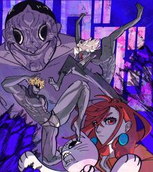 Rule 34 | 2girls, 3boys, ayase momo, black hair, blonde hair, brown hair, cat, colored skin, commentary, copyright name, dandadan, duel, earrings, enjoji jin, evil eye (dandadan), facial mark, fighting stance, full body, ghost, glasses, grey skin, highres, jewelry, looking at another, looking at viewer, male underwear, maneki-neko, multiple boys, multiple girls, muscular, muscular male, possessed, red eyes, reiji714, takakura ken (dandadan), takakura ken (transformed) (dandadan), toned, toned male, topless male, transformation, turbo granny (dandadan), underwear, upper body, white hair