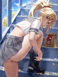 1girl adjusting_footwear ass ass_peek bag bare_legs belt black_boots blonde_hair blush boots braid breasts crop_top fate/apocrypha fate/grand_order fate_(series) green_eyes grey_skirt half_up_braid highres long_hair looking_at_viewer looking_back looking_to_the_side midriff miniskirt mordred_(fate) mordred_(fate/apocrypha) outdoors paper_bag parted_bangs pleated_skirt ponytail red_scrunchie sailor_collar school_uniform scrunchie serafuku sidelocks skirt small_breasts solo stairs thighs tonee