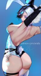 1girl arialla_draws arms_up ass asymmetrical_gloves asymmetrical_legwear back black_hair blue_eyes breasts cleavage commentary elbow_gloves english_commentary from_behind gloves heterochromia leotard looking_at_viewer luna_snow marvel marvel_rivals medium_breasts mismatched_gloves mismatched_legwear multicolored_hair multicolored_leotard purple_lips short_hair sideboob smile solo split-color_hair thighhighs two-tone_hair two-tone_leotard white_hair