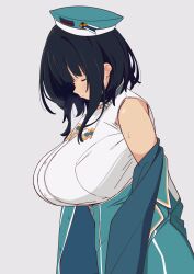1girl bare_shoulders black_hair blue_hat blue_jacket blue_skirt blush breasts closed_eyes closed_mouth commentary from_side grey_background hat high-waist_skirt highres huge_breasts jacket kamotsu kantai_collection long_sleeves off_shoulder open_clothes open_jacket shirt short_hair simple_background skirt sleeveless sleeveless_shirt solo sweat symbol-only_commentary takao_(kancolle) white_shirt