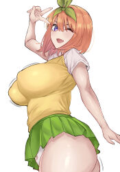 1girl ;d absurdres animal_print bear_panties bear_print breasts commentary_request cowboy_shot fang from_side go-toubun_no_hanayome green_hairband green_skirt hairband highres large_breasts looking_at_viewer marimo_625 miniskirt nakano_yotsuba one_eye_closed open_mouth orange_hair panties pantyshot pleated_skirt print_panties purple_eyes school_uniform shirt short_hair simple_background skin_fang skirt smile solo sweater underwear v v_over_eye white_background white_panties white_shirt yellow_sweater