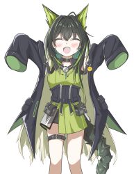 1girl :d ^_^ absurdres ahoge arknights arms_up belt belt_buckle black_belt black_coat black_hair black_tail blush buckle closed_eyes coat colored_inner_hair emoji facing_viewer fangs feet_out_of_frame green_hair green_shirt hair_intakes highres huge_ahoge long_hair mon3tr_(arknights) moochiyuki multicolored_hair open_mouth outstretched_arms pouch shirt simple_background sleeves_past_fingers sleeves_past_wrists smile solo standing tail thigh_belt thigh_strap torn_clothes torn_coat two-tone_hair white_background