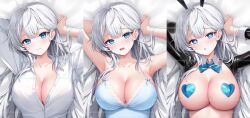 Rule 34 | 1girl, animal ears, arm behind head, armpits, arms up, bare arms, bare shoulders, bed sheet, blue eyes, blue shirt, bow, bowtie, breasts, camisole, chaeduna, cleavage, closed mouth, collarbone, commentary request, detached collar, dress shirt, fake animal ears, heart, heart-shaped pupils, heart pasties, indie virtual youtuber, korean commentary, lace trim, large breasts, lethe (lethe187), long hair, long sleeves, looking at viewer, lying, meme attire, multiple views, on back, open mouth, parted lips, partially unbuttoned, pasties, rabbit ears, reverse bunnysuit, reverse outfit, shirt, sleeveless, sleeveless shirt, smile, spaghetti strap, symbol-shaped pupils, virtual youtuber, white hair, white shirt