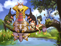 2girls alternate_form alternate_hairstyle bad_id bad_pixiv_id bag black_hair branch brown_hair bucket cabbie_hat creatures_(company) dawn_(pokemon) day dialga fishing_rod flower game_freak gen_4_pokemon giratina giratina_(altered) grass hair_ornament hairclip handbag hat holding holding_fishing_rod kabocha_torute legendary_pokemon lyra_(pokemon) multiple_girls nature nintendo no_headwear palkia parody pokemon pokemon_(creature) pokemon_dppt pokemon_hgss ponytail tonari_no_totoro totoro water