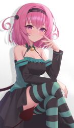 Rule 34 | 1girl, absurdres, bare shoulders, black dress, black hairband, breasts, cleavage, convenient censoring, demon girl, demon tail, detached sleeves, dress, drop shadow, hairband, highres, jei (user tckk7448), long sleeves, looking at viewer, momo velia deviluke, pink eyes, pink hair, shadow, simple background, sitting, solo, striped clothes, striped thighhighs, tail, thighhighs, to love-ru, to love-ru darkness, white background
