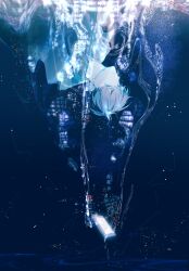 Rule 34 | 1boy, black coat, black eyes, black hair, canvas texture, chinese text, coat, constellation, falling, glowing, hair flowing over, haze, highres, kim dokja, lantercat, light particles, male focus, motion lines, omniscient reader&#039;s viewpoint, partially colored, phone, short hair, sinking, solo, underwater, upper body, upside-down