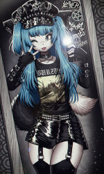 1boy ;p absurdres animal_ears artist_name band_shirt black_gloves black_hat black_shirt black_skirt black_thighhighs blue_eyes blue_hair burzum cellphone crossdressing crossdressing_(mtf) ear_piercing elbow_gloves fingerless_gloves fox_boy fox_ears fox_tail furry furry_male gloves goth_fashion hat highres holding holding_phone lifelover_(band) long_hair male_focus mayhem_(band) merchandise mgla_(band) mirror mirror_selfie one_eye_closed original peaked_cap phone piercing reflection reflection_focus selfie shirt shoes skirt skull_and_crossbones slayer_(band) smartphone solo spiked_hat t-shirt tail taking_picture thighhighs tongue tongue_out trap tweenstrip w